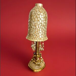 VTG Authentic Indian Ornate Brass, Beads & Glass Mosaic Shade Candle Holder Lamp